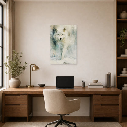 Mockup WebP Tableau Loup Blanc Neige dans un bureau - Art Virtuoso