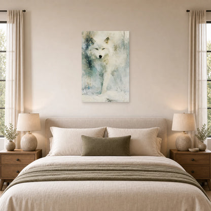 Mockup WebP Tableau Loup Blanc Neige dans une chambre - Art Virtuoso