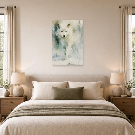 Mockup WebP Tableau Loup Blanc Neige dans une chambre - Art Virtuoso