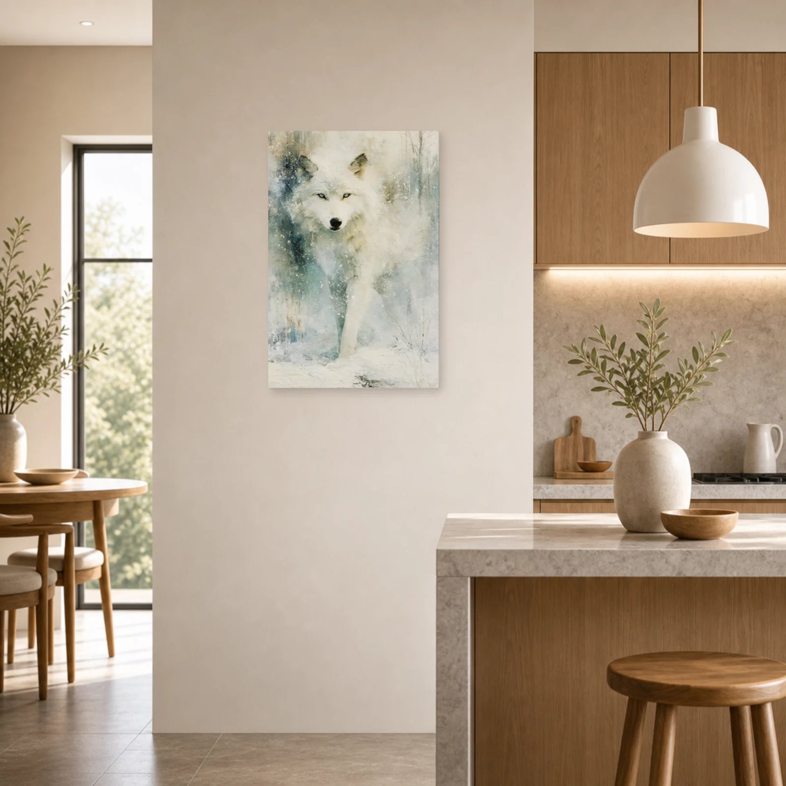 Mockup WebP Tableau Loup Blanc Neige dans une cuisine - Art Virtuoso