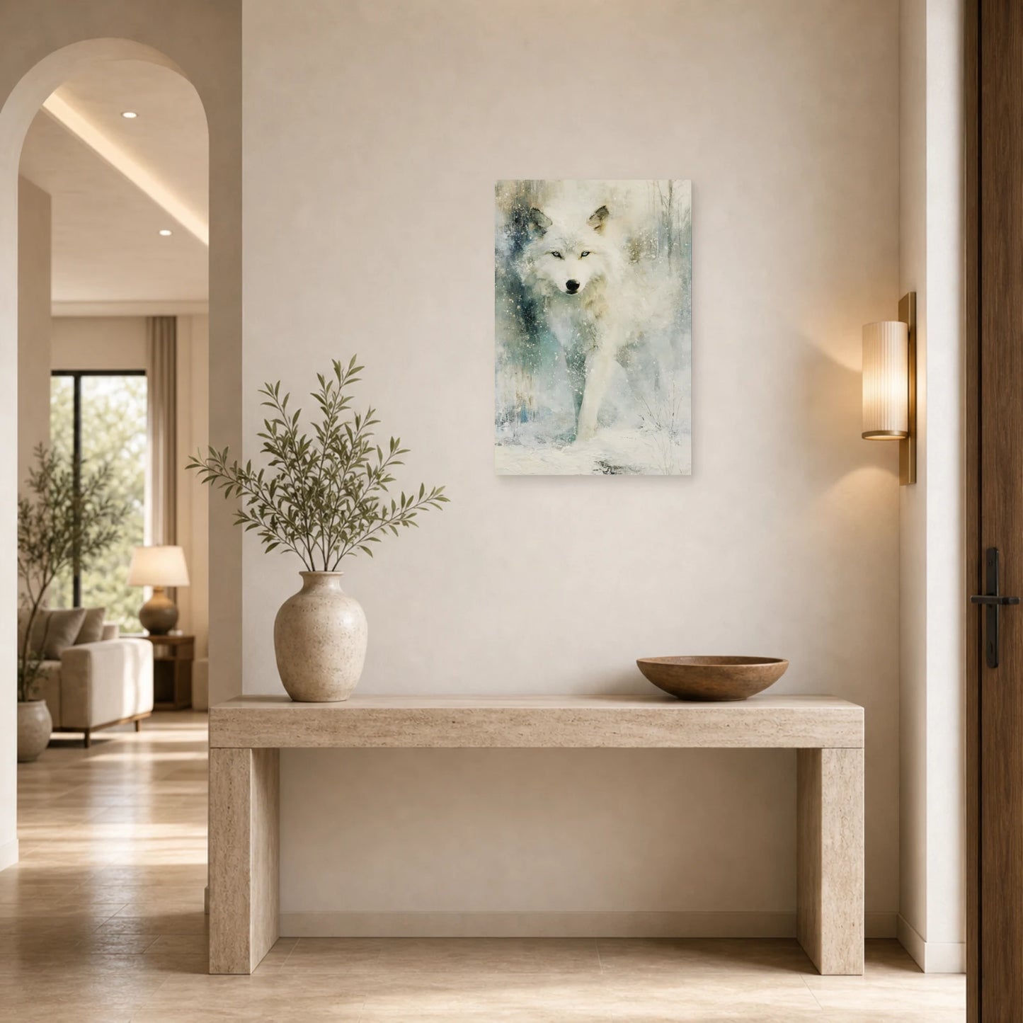 Mockup WebP Tableau Loup Blanc Neige dans une entree ou un couloir - Art Virtuoso