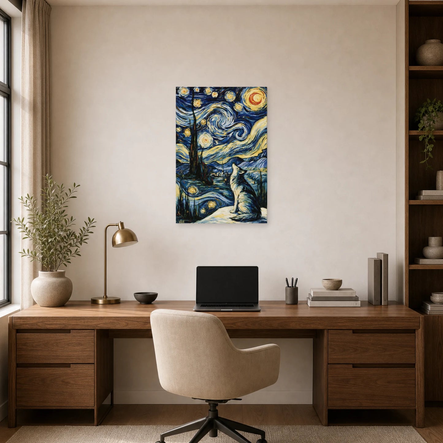 Mockup WebP Tableau Loup Bleu Indigo Nuit Etoilee dans un bureau - Art Virtuoso