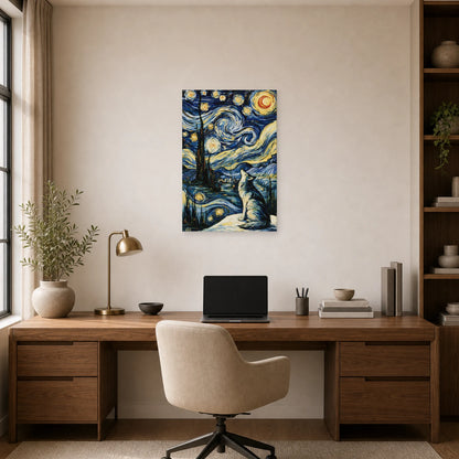 Mockup WebP Tableau Loup Bleu Indigo Nuit Etoilee dans un bureau - Art Virtuoso