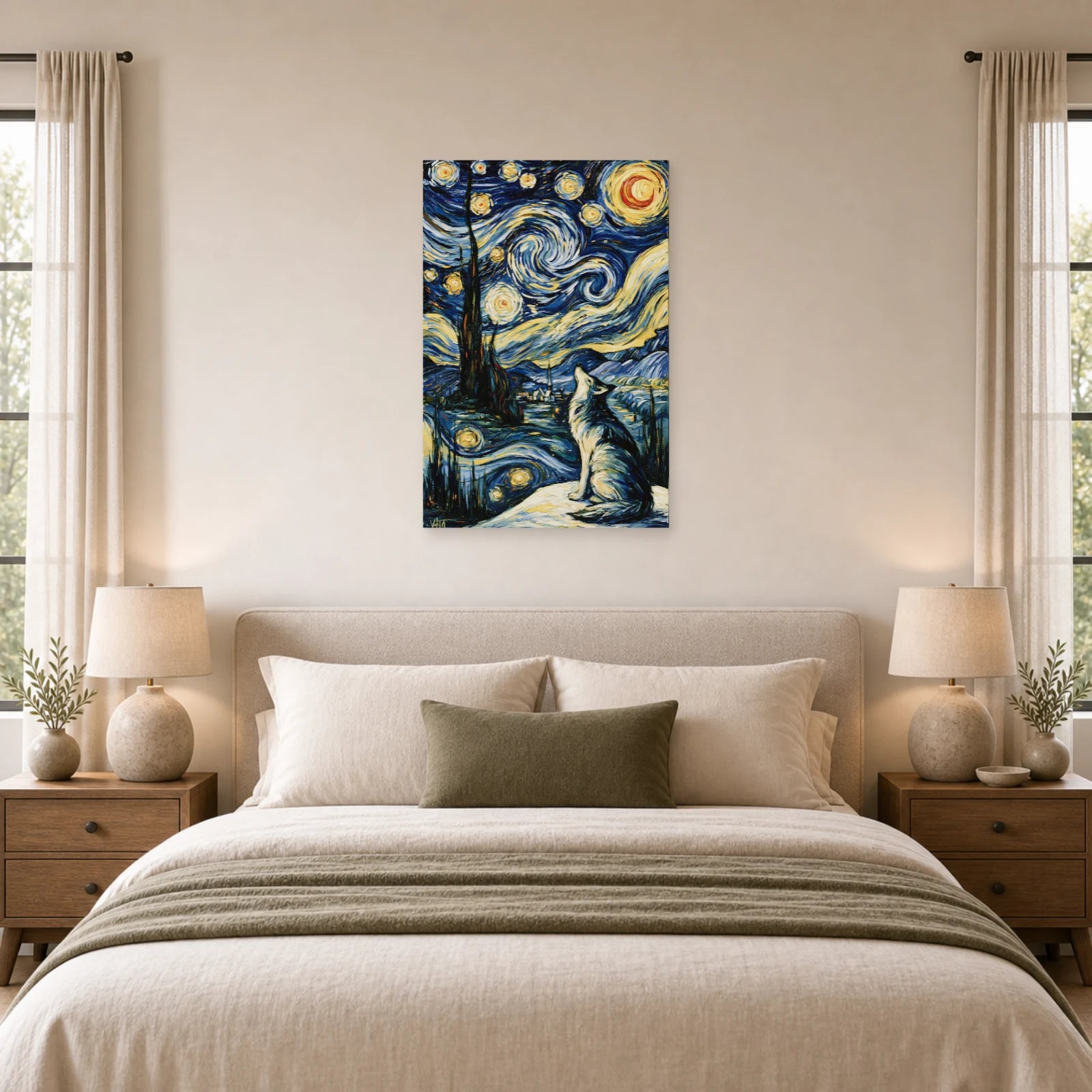 Mockup WebP Tableau Loup Bleu Indigo Nuit Etoilee dans une chambre - Art Virtuoso