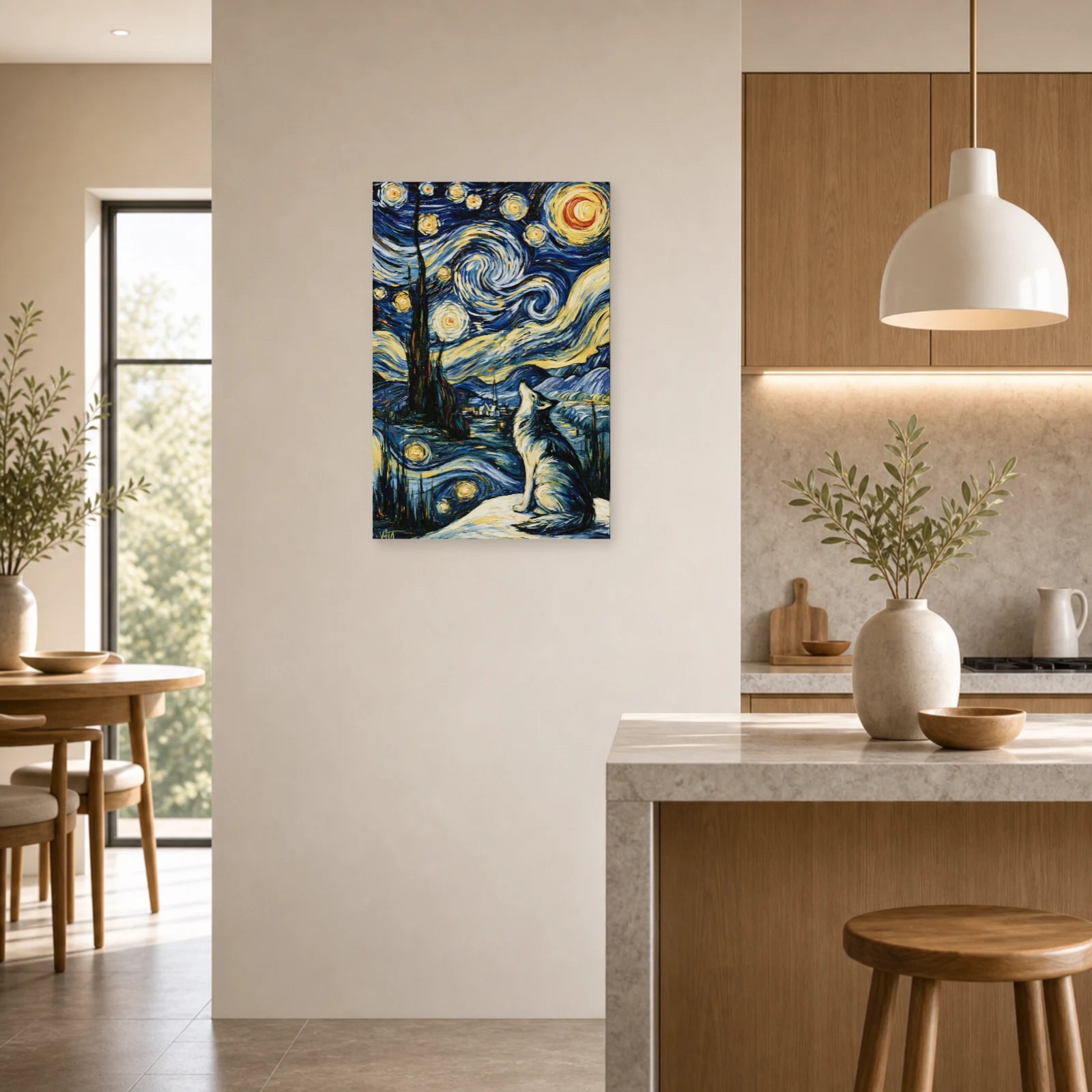 Mockup WebP Tableau Loup Bleu Indigo Nuit Etoilee dans une cuisine - Art Virtuoso
