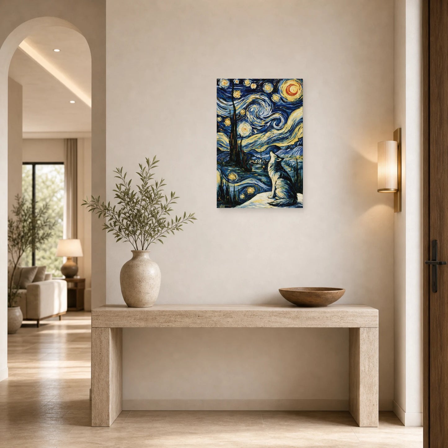 Mockup WebP Tableau Loup Bleu Indigo Nuit Etoilee dans une entree ou un couloir - Art Virtuoso