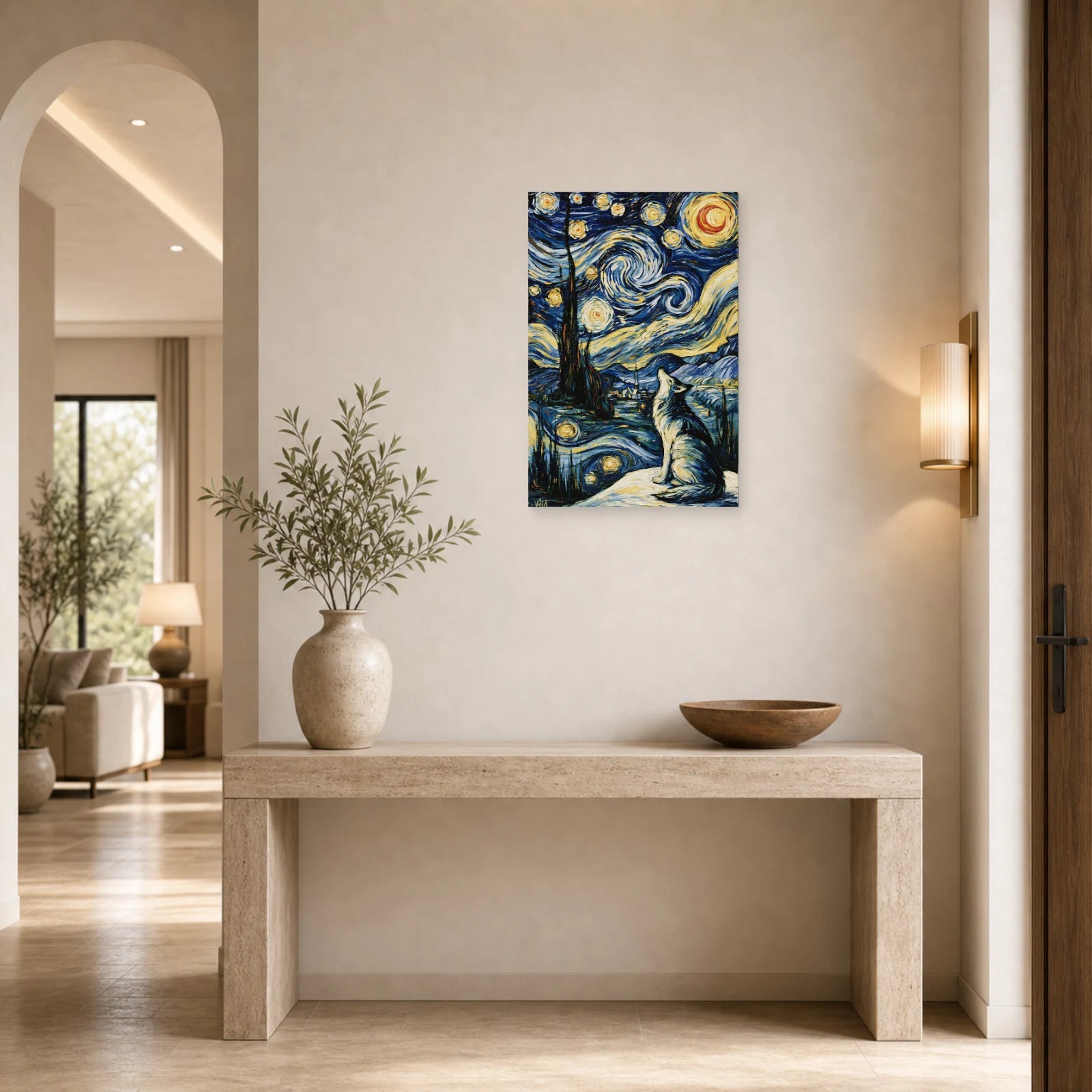 Mockup WebP Tableau Loup Bleu Indigo Nuit Etoilee dans une entree ou un couloir - Art Virtuoso