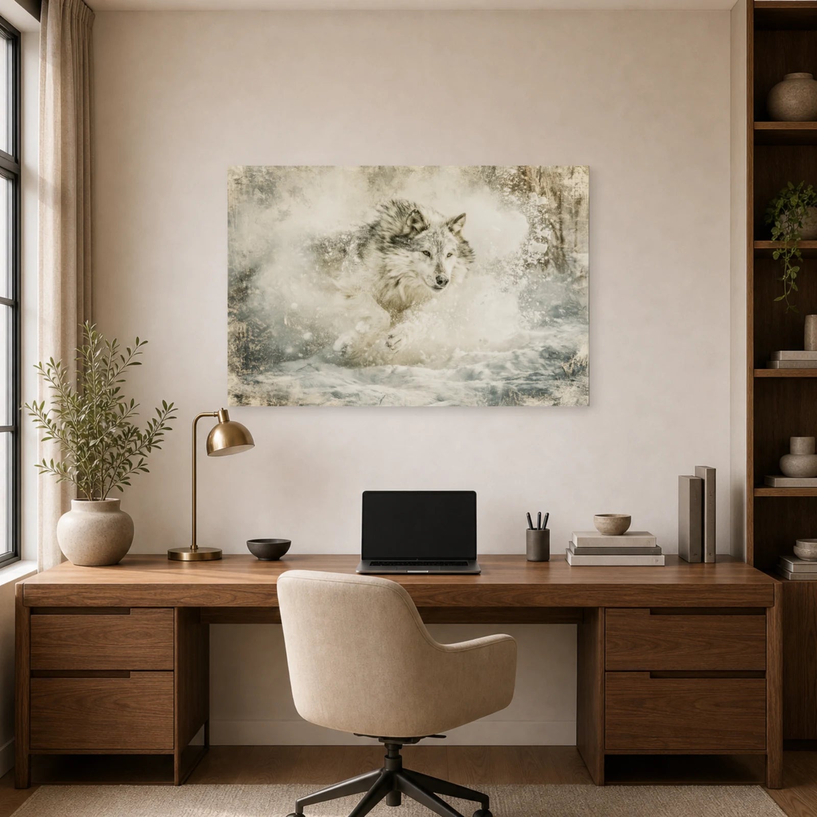 Mockup WebP Tableau Loup Course Sprint Mouvement dans un bureau - Art Virtuoso