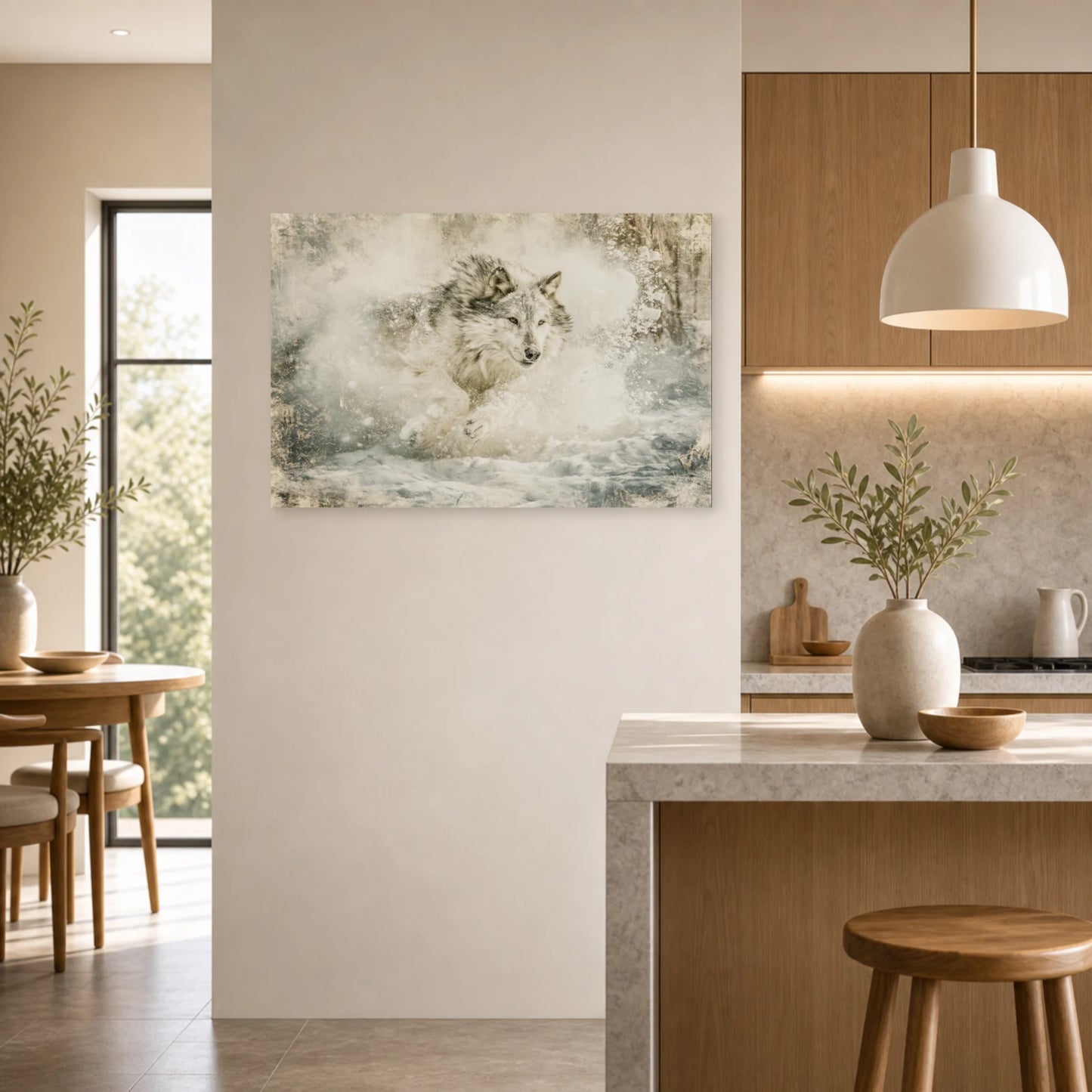 Mockup WebP Tableau Loup Course Sprint Mouvement dans une cuisine - Art Virtuoso