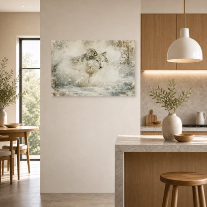 Mockup WebP Tableau Loup Course Sprint Mouvement dans une cuisine - Art Virtuoso