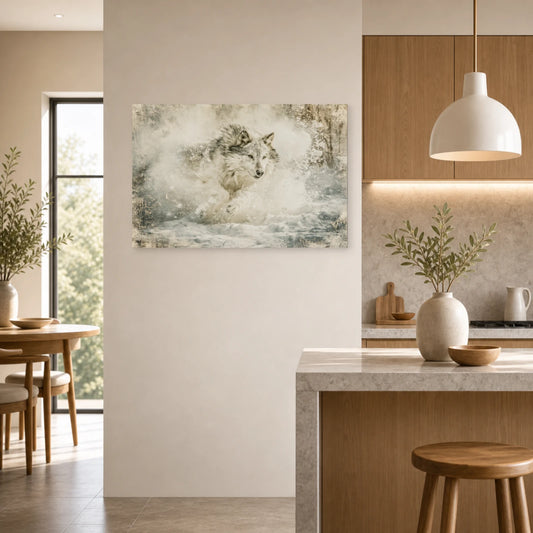 Mockup WebP Tableau Loup Course Sprint Mouvement dans une cuisine - Art Virtuoso