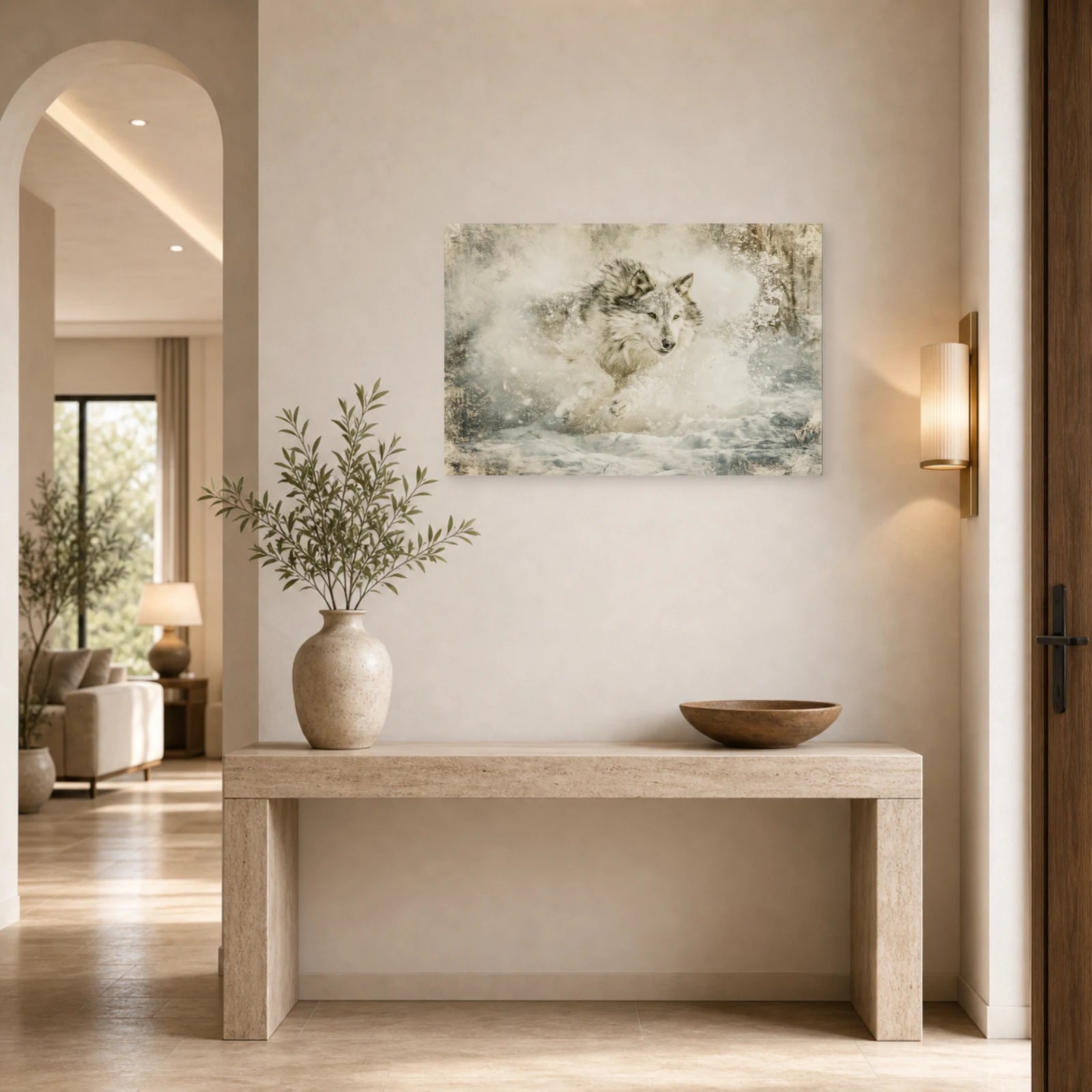 Mockup WebP Tableau Loup Course Sprint Mouvement dans une entree ou un couloir - Art Virtuoso