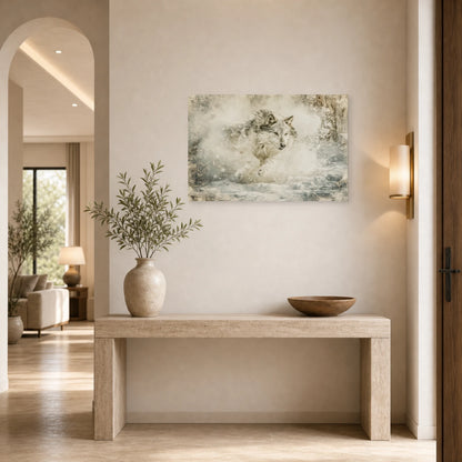 Mockup WebP Tableau Loup Course Sprint Mouvement dans une entree ou un couloir - Art Virtuoso