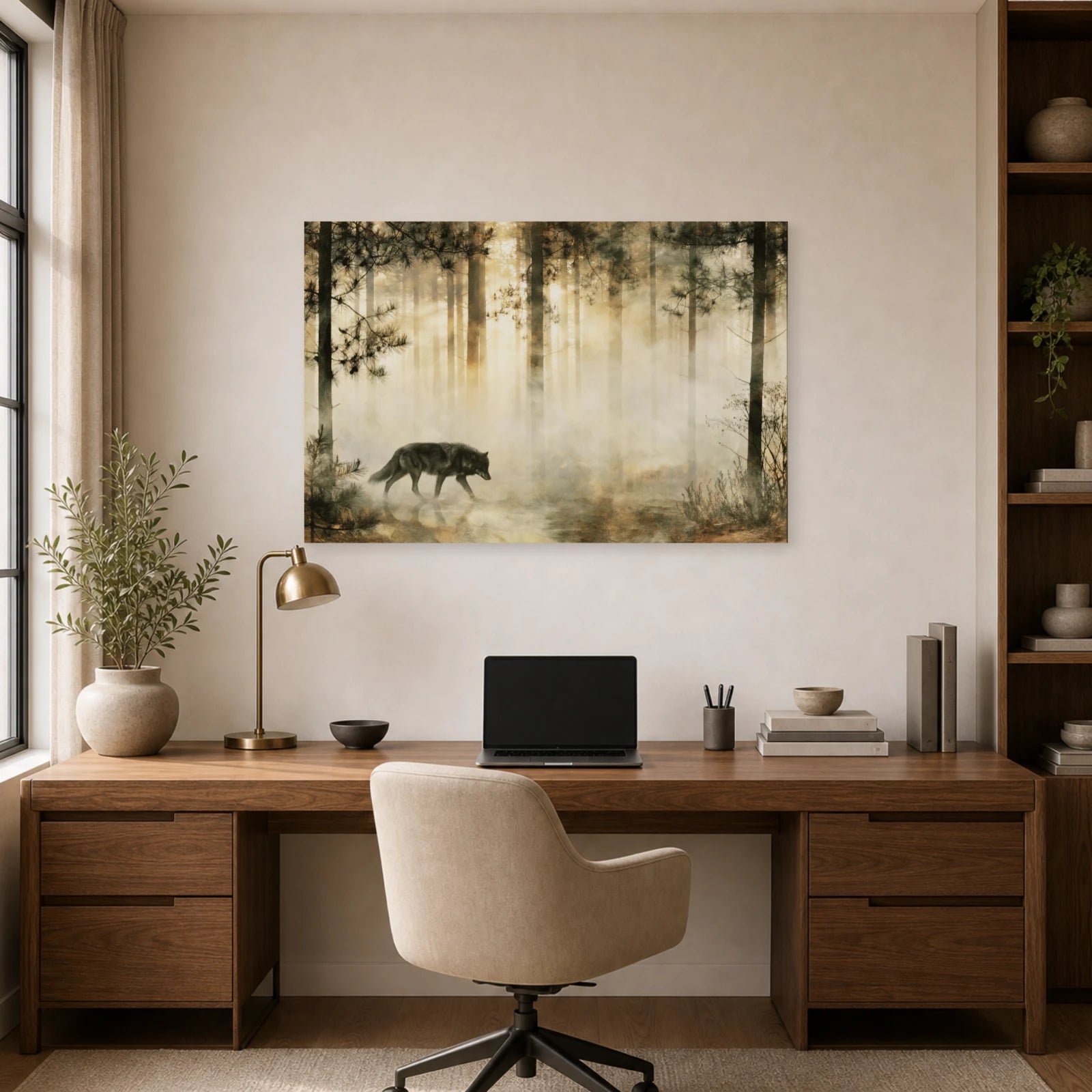 Mockup WebP Tableau Loup Foret Brume dans un bureau - Art Virtuoso