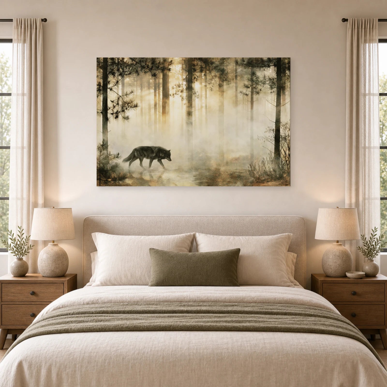 Mockup WebP Tableau Loup Foret Brume dans une chambre - Art Virtuoso
