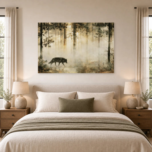 Mockup WebP Tableau Loup Foret Brume dans une chambre - Art Virtuoso