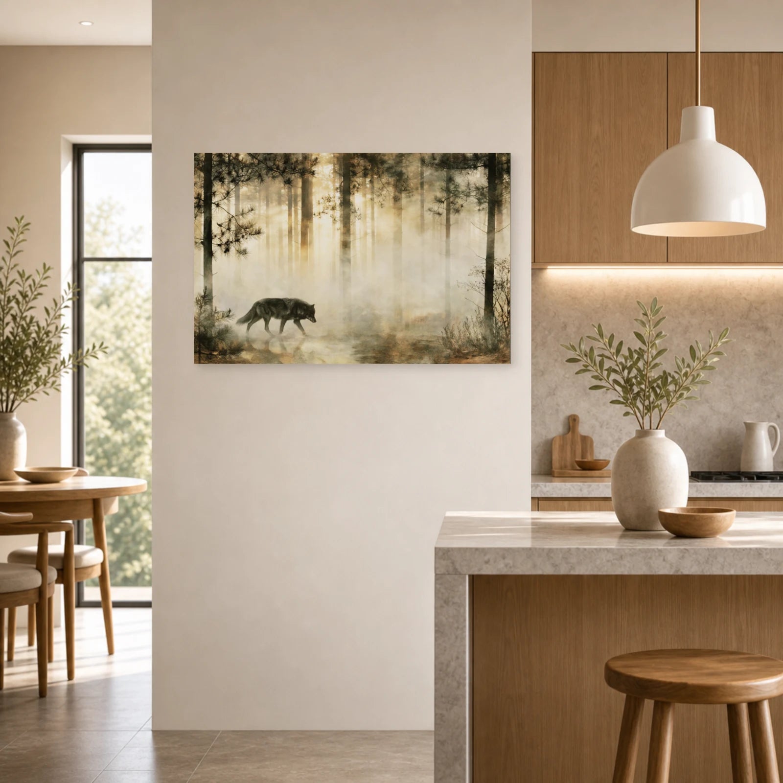 Mockup WebP Tableau Loup Foret Brume dans une cuisine - Art Virtuoso