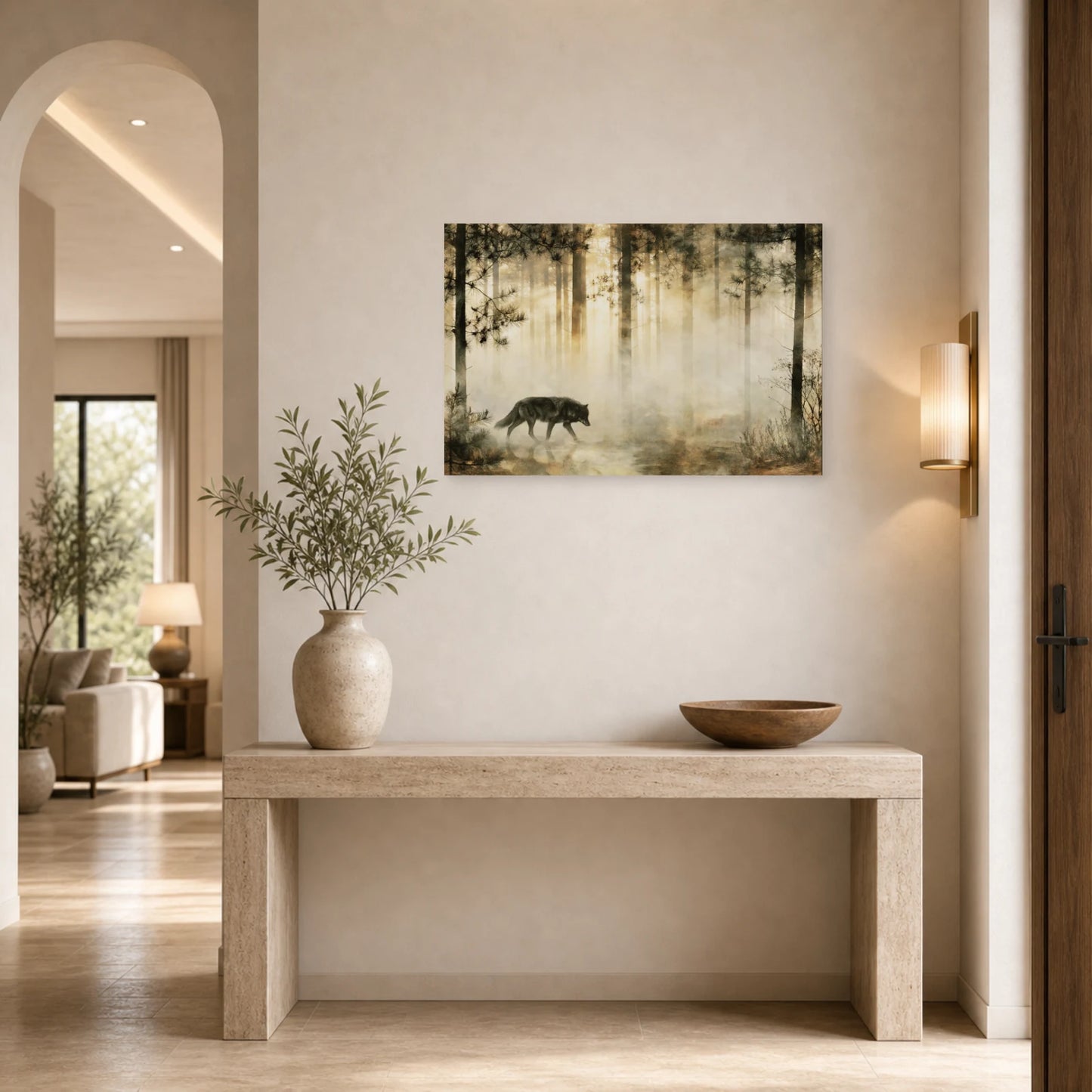 Mockup WebP Tableau Loup Foret Brume dans une entree ou un couloir - Art Virtuoso