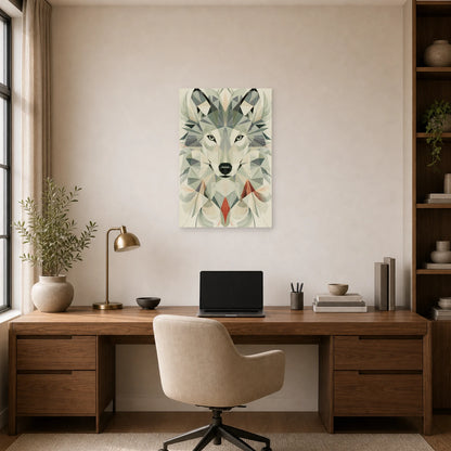 Mockup WebP Tableau Loup Low Poly Geometrique Scandinave dans un bureau - Art Virtuoso