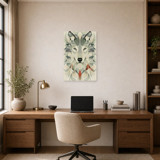 Mockup WebP Tableau Loup Low Poly Geometrique Scandinave dans un bureau - Art Virtuoso