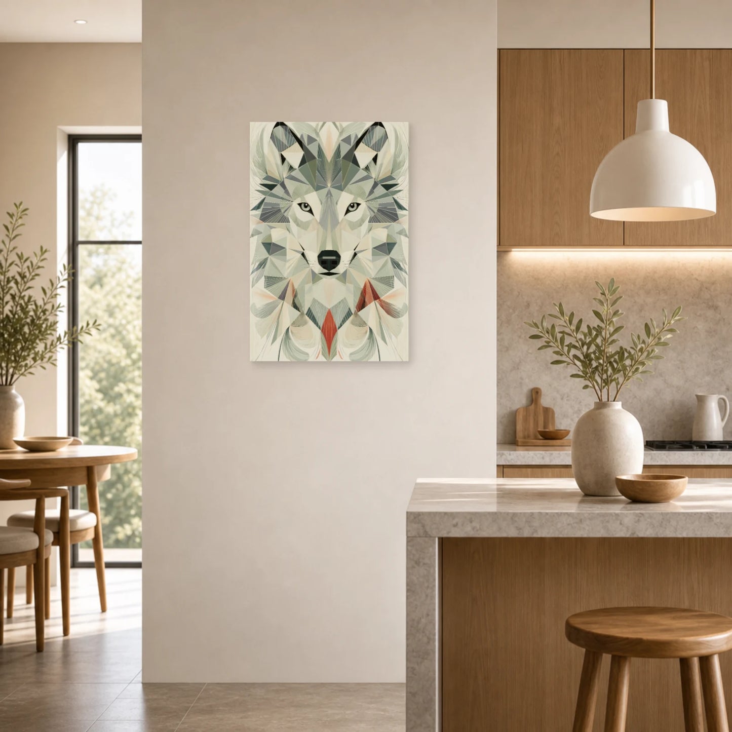 Mockup WebP Tableau Loup Low Poly Geometrique Scandinave dans une cuisine - Art Virtuoso