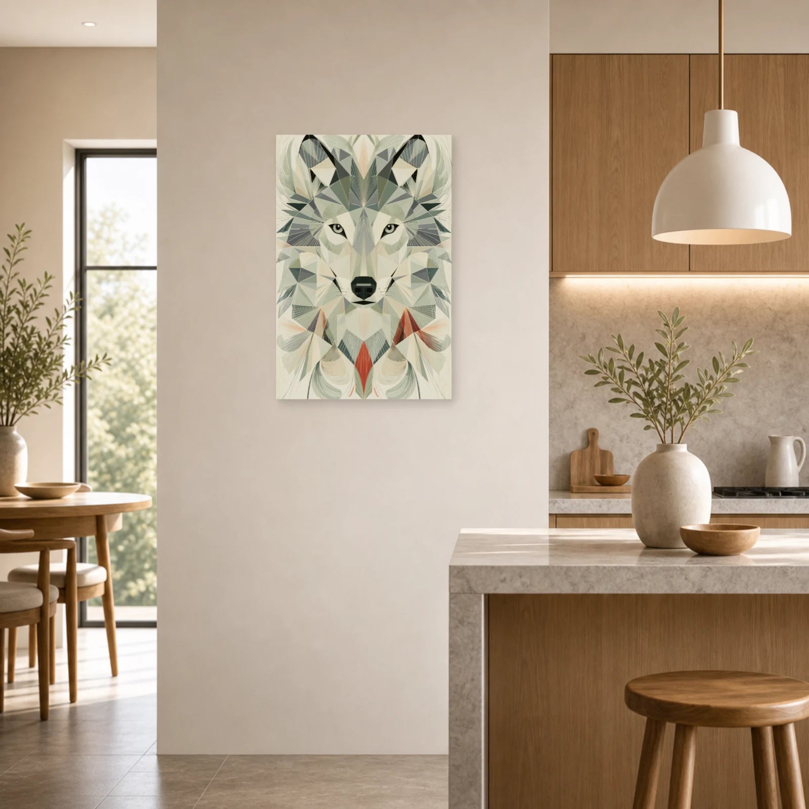 Mockup WebP Tableau Loup Low Poly Geometrique Scandinave dans une cuisine - Art Virtuoso