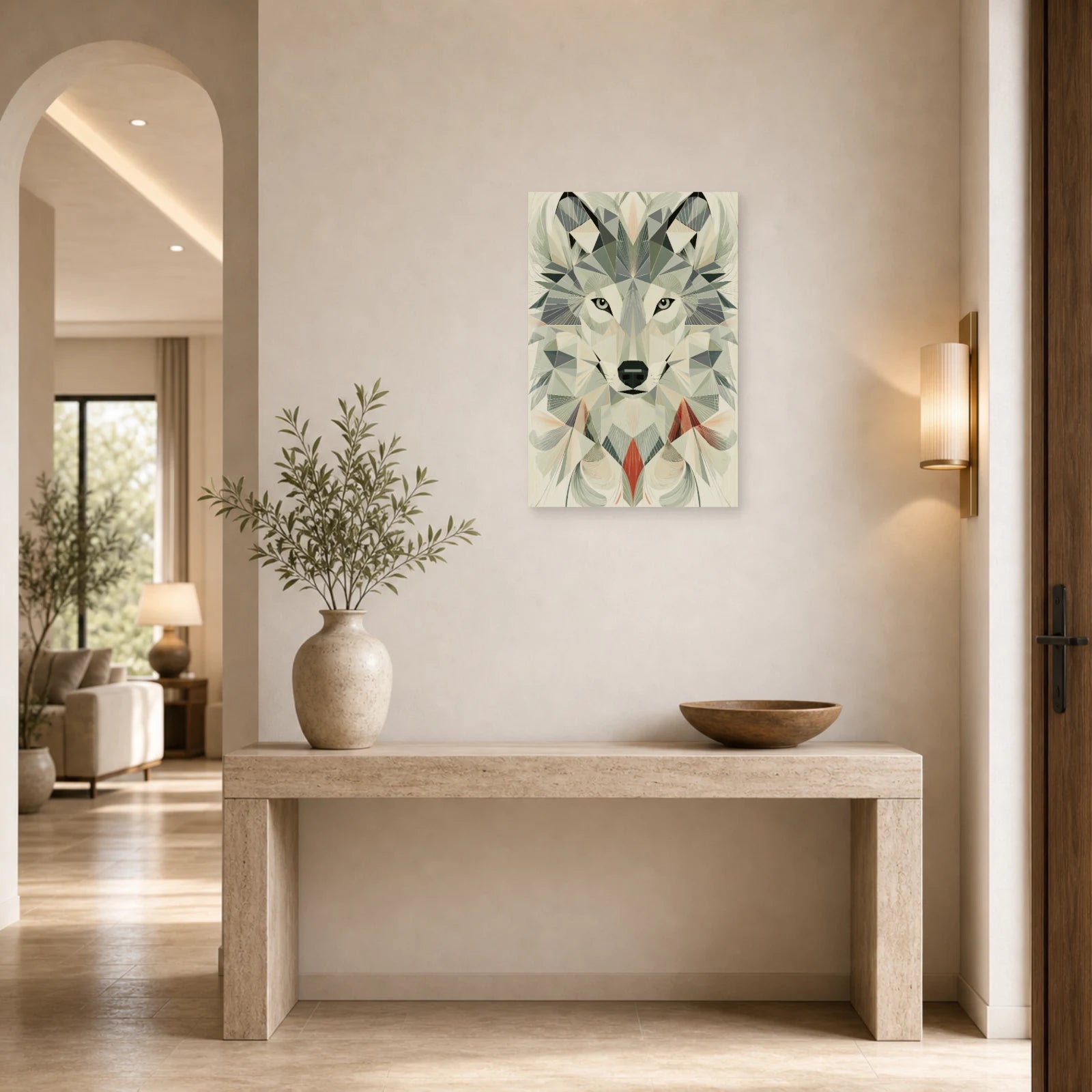 Mockup WebP Tableau Loup Low Poly Geometrique Scandinave dans une entree ou un couloir - Art Virtuoso