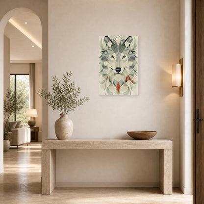 Mockup WebP Tableau Loup Low Poly Geometrique Scandinave dans une entree ou un couloir - Art Virtuoso