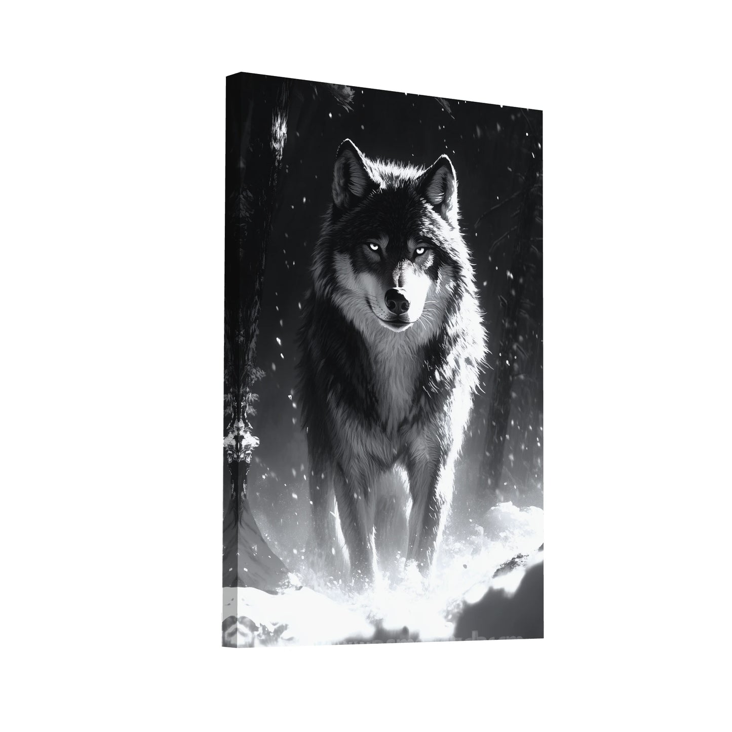 Product Hero 3D WebP Tableau Loup Noir et Blanc : Gardien de l'Hiver - Art Virtuoso