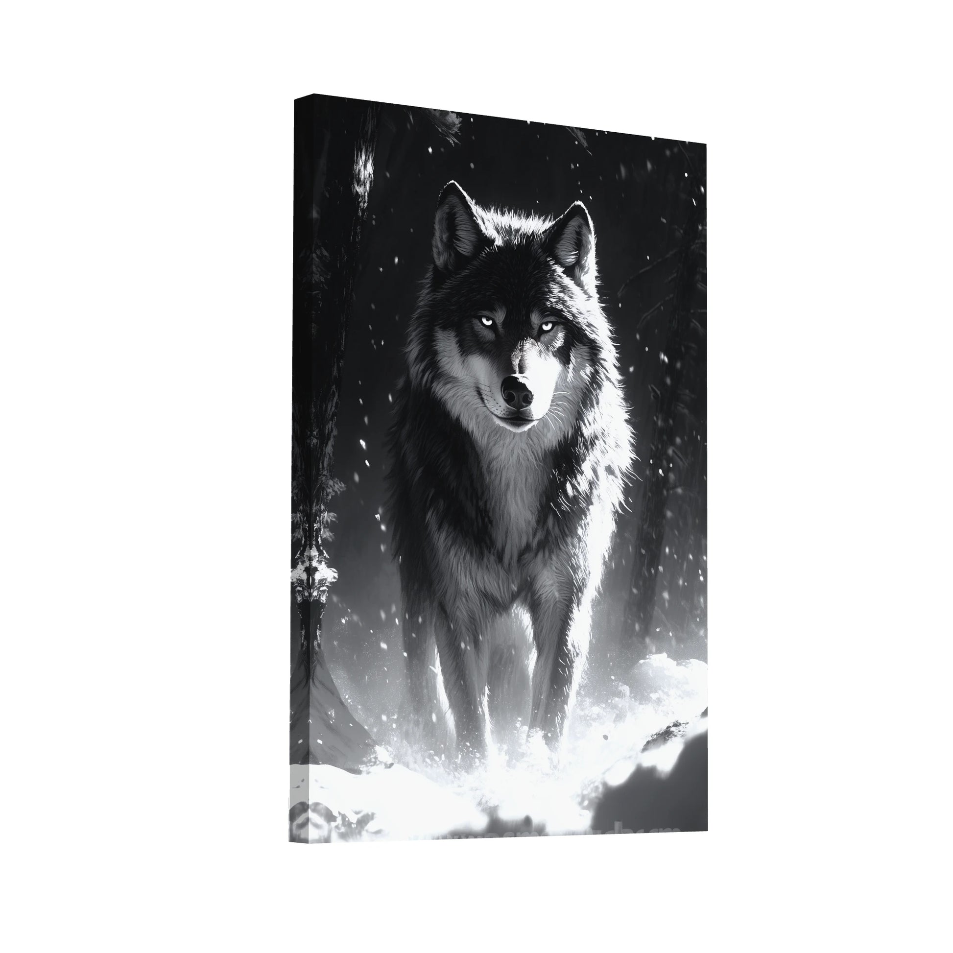 Product Hero 3D WebP Tableau Loup Noir et Blanc : Gardien de l'Hiver - Art Virtuoso