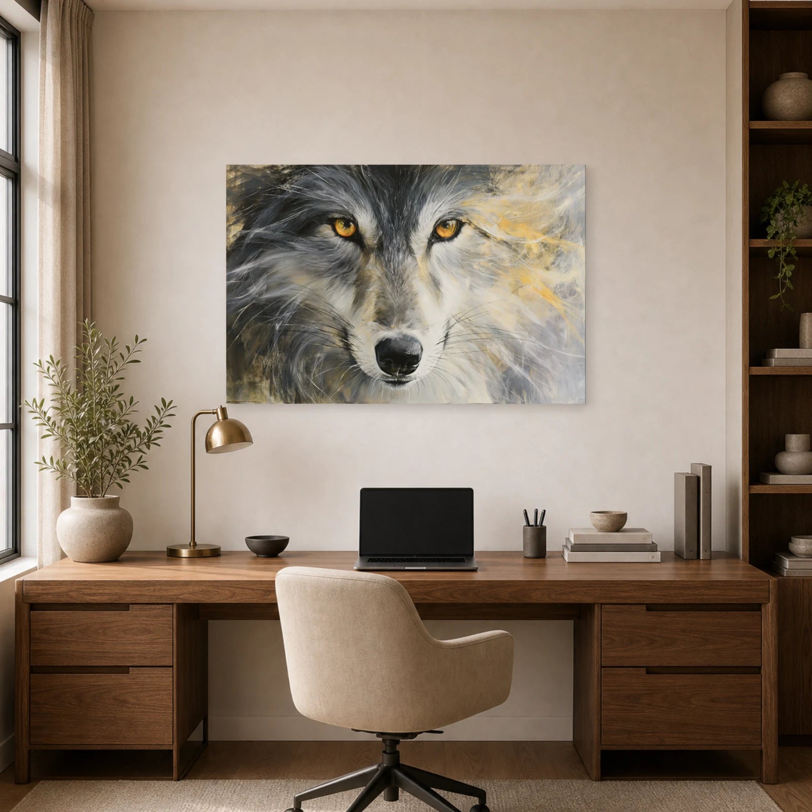 Mockup WebP Tableau Loup Oeil Gros Plan Hypnotique dans un bureau - Art Virtuoso