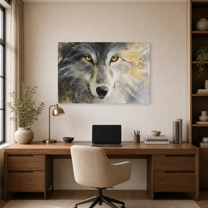 Mockup WebP Tableau Loup Oeil Gros Plan Hypnotique dans un bureau - Art Virtuoso