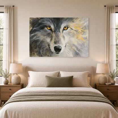 Mockup WebP Tableau Loup Oeil Gros Plan Hypnotique dans une chambre - Art Virtuoso