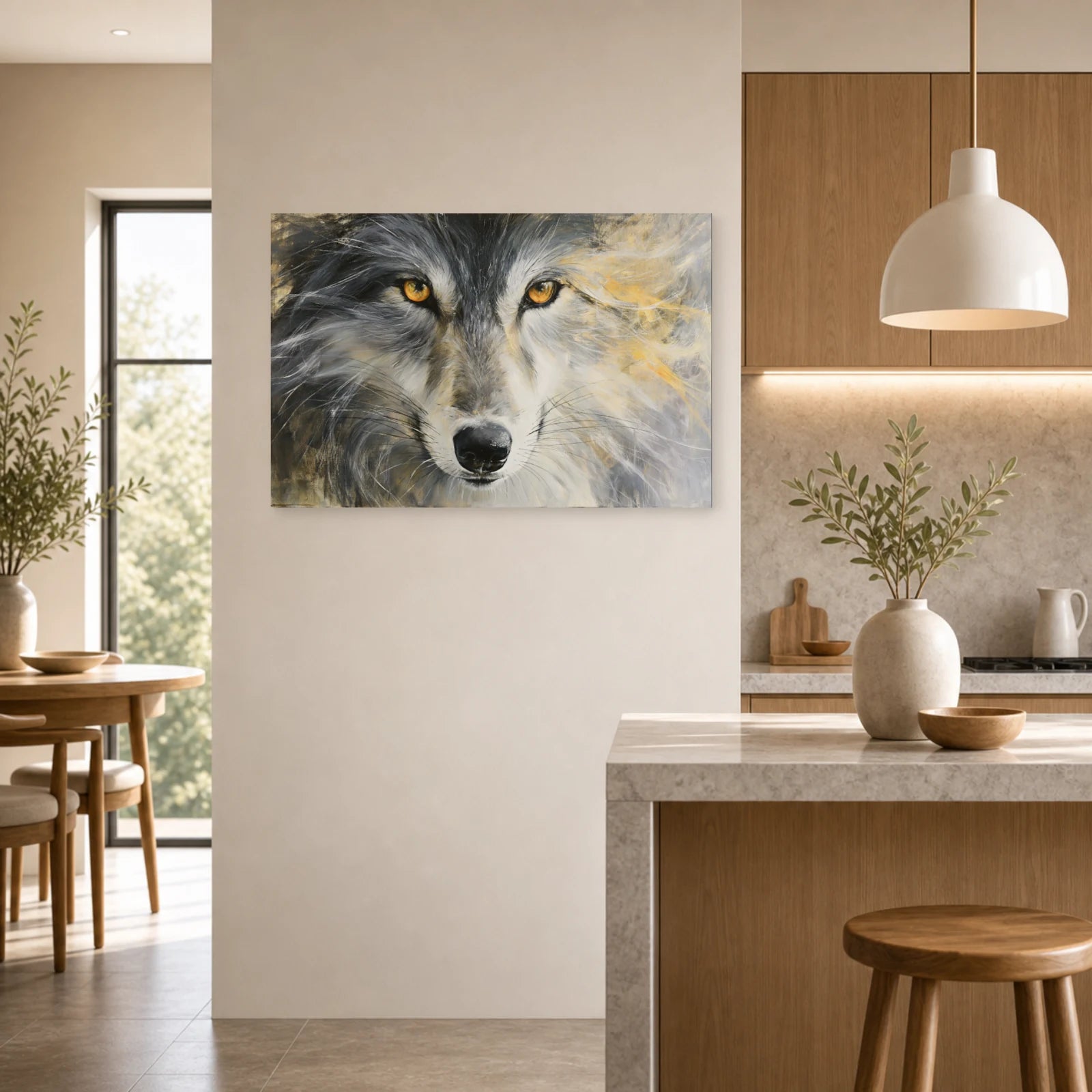 Mockup WebP Tableau Loup Oeil Gros Plan Hypnotique dans une cuisine - Art Virtuoso