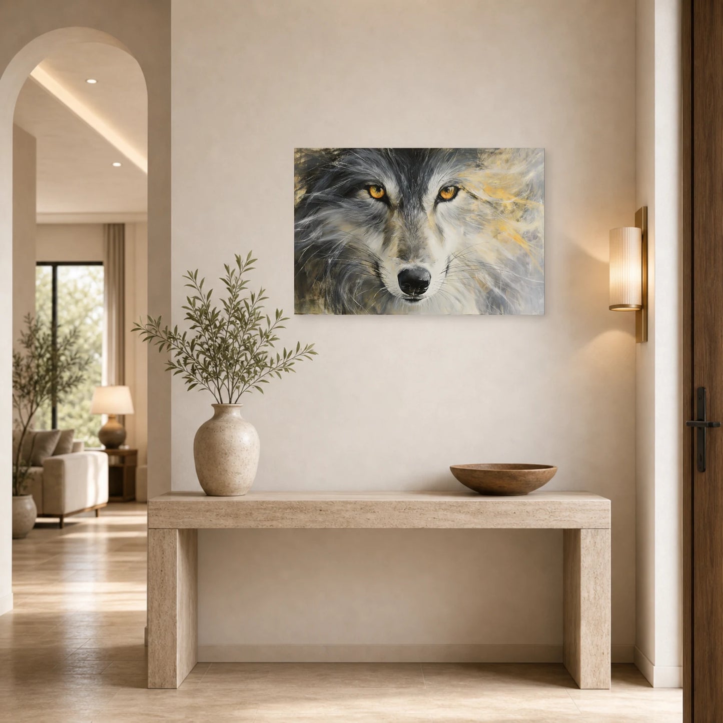 Mockup WebP Tableau Loup Oeil Gros Plan Hypnotique dans une entree ou un couloir - Art Virtuoso
