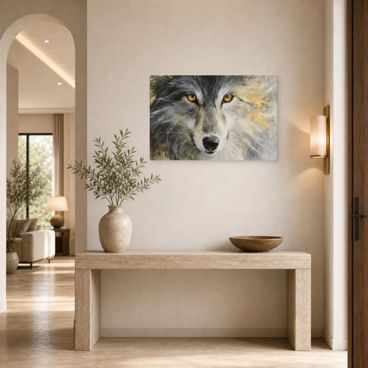 Mockup WebP Tableau Loup Oeil Gros Plan Hypnotique dans une entree ou un couloir - Art Virtuoso