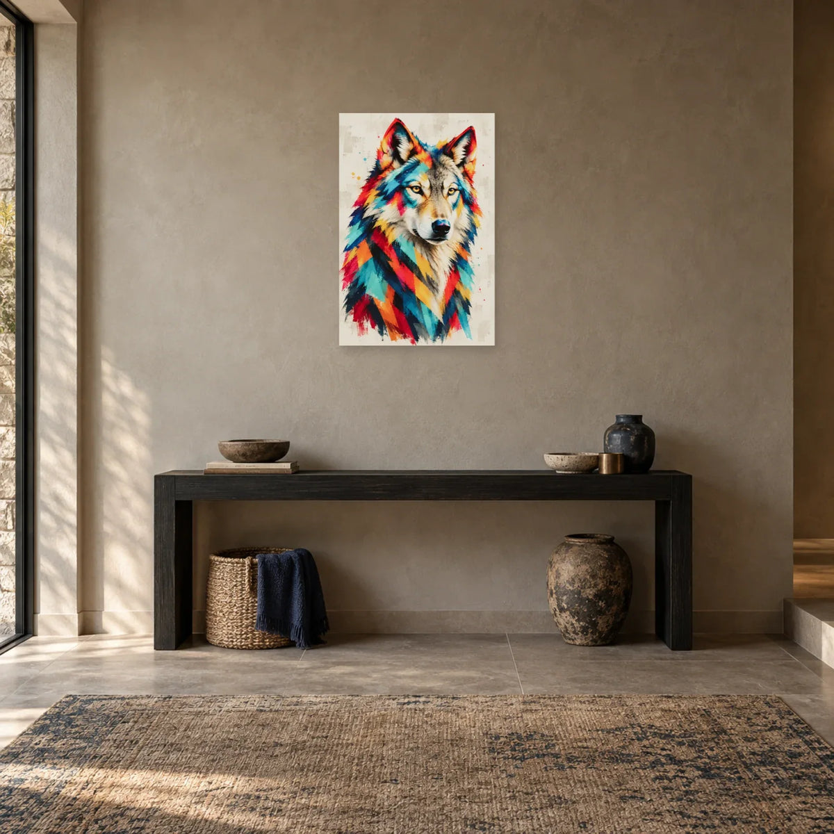 Tableau loup pop art – Regard ambré dans une entrée ou un couloir - Art Virtuoso