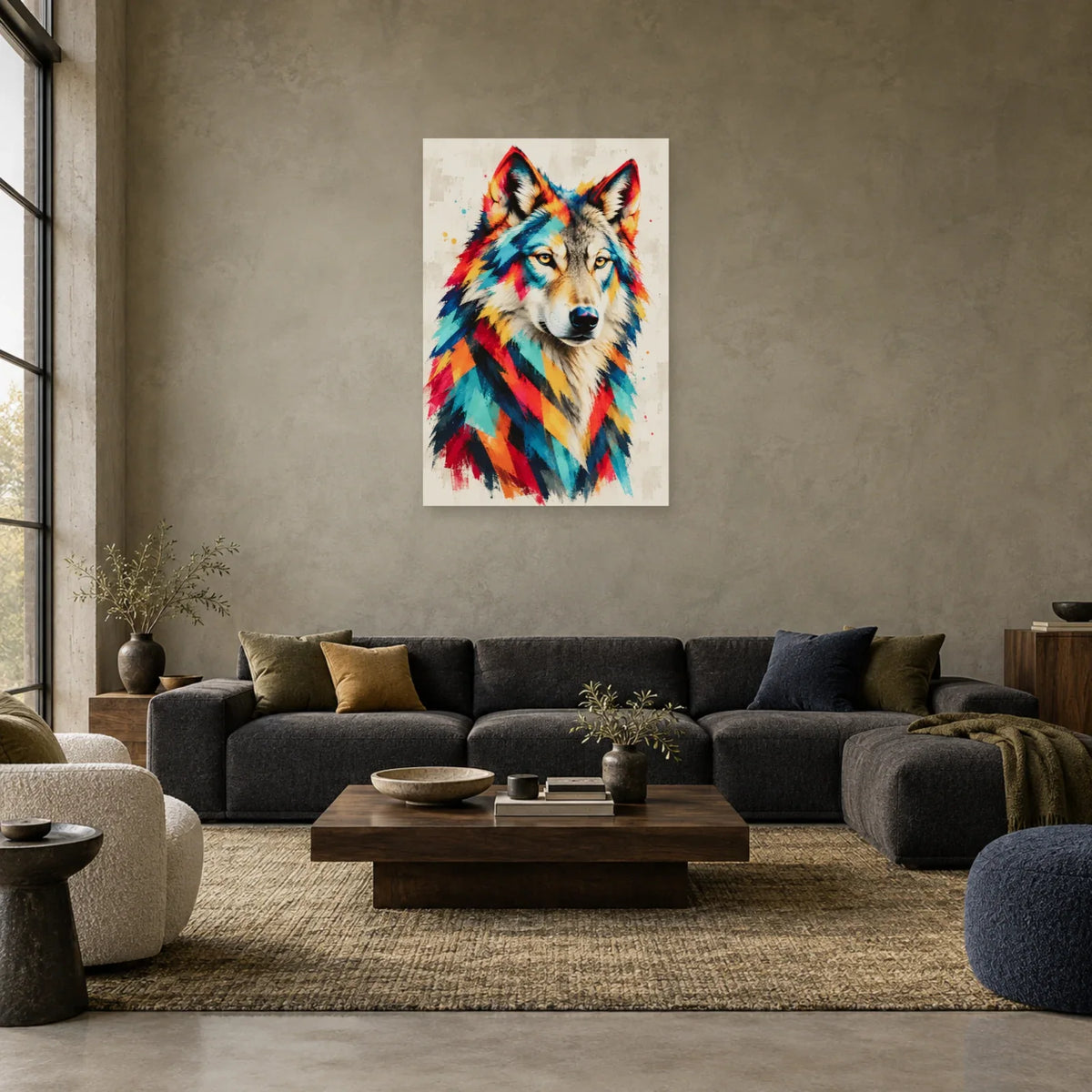 Tableau loup pop art – Regard ambré dans un salon - Art Virtuoso