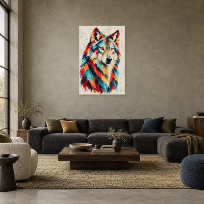 Tableau loup pop art – Regard ambré dans un salon - Art Virtuoso