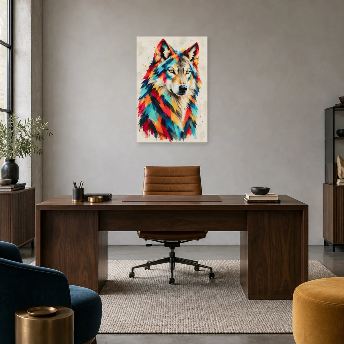 Tableau loup pop art – Regard ambré dans un bureau - Art Virtuoso
