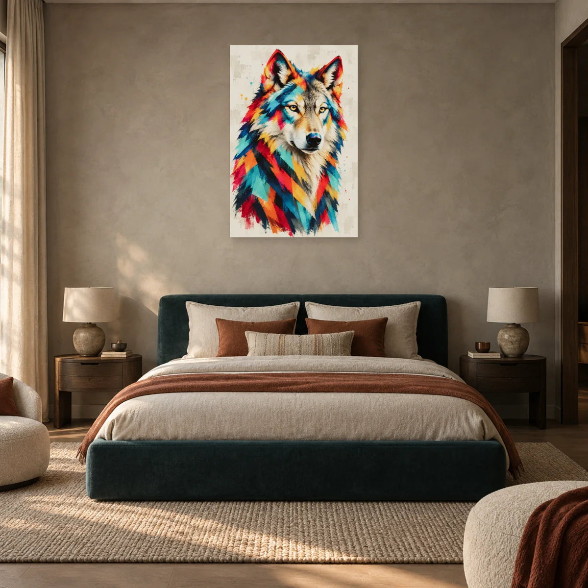 Tableau loup pop art – Regard ambré dans une chambre - Art Virtuoso
