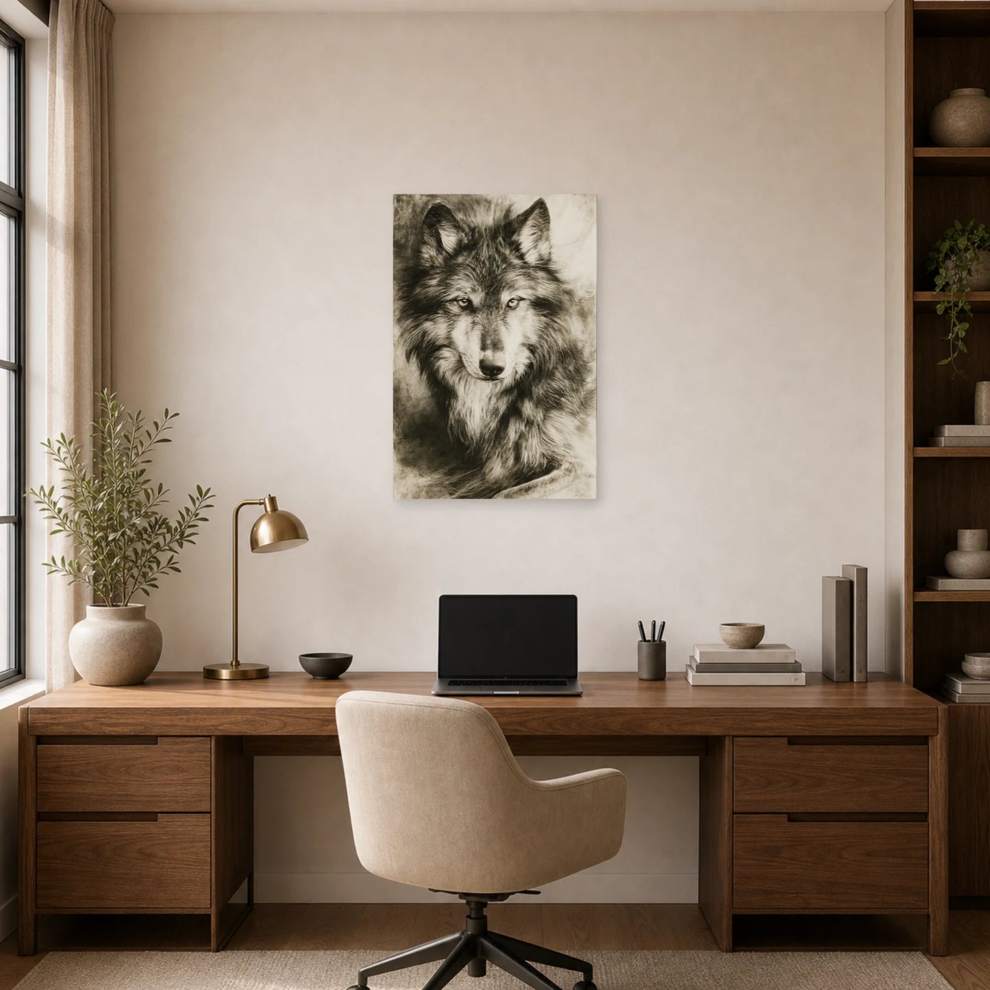 Mockup WebP Tableau Loup Portrait Noir Blanc dans un bureau - Art Virtuoso