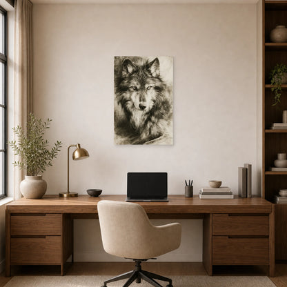 Mockup WebP Tableau Loup Portrait Noir Blanc dans un bureau - Art Virtuoso