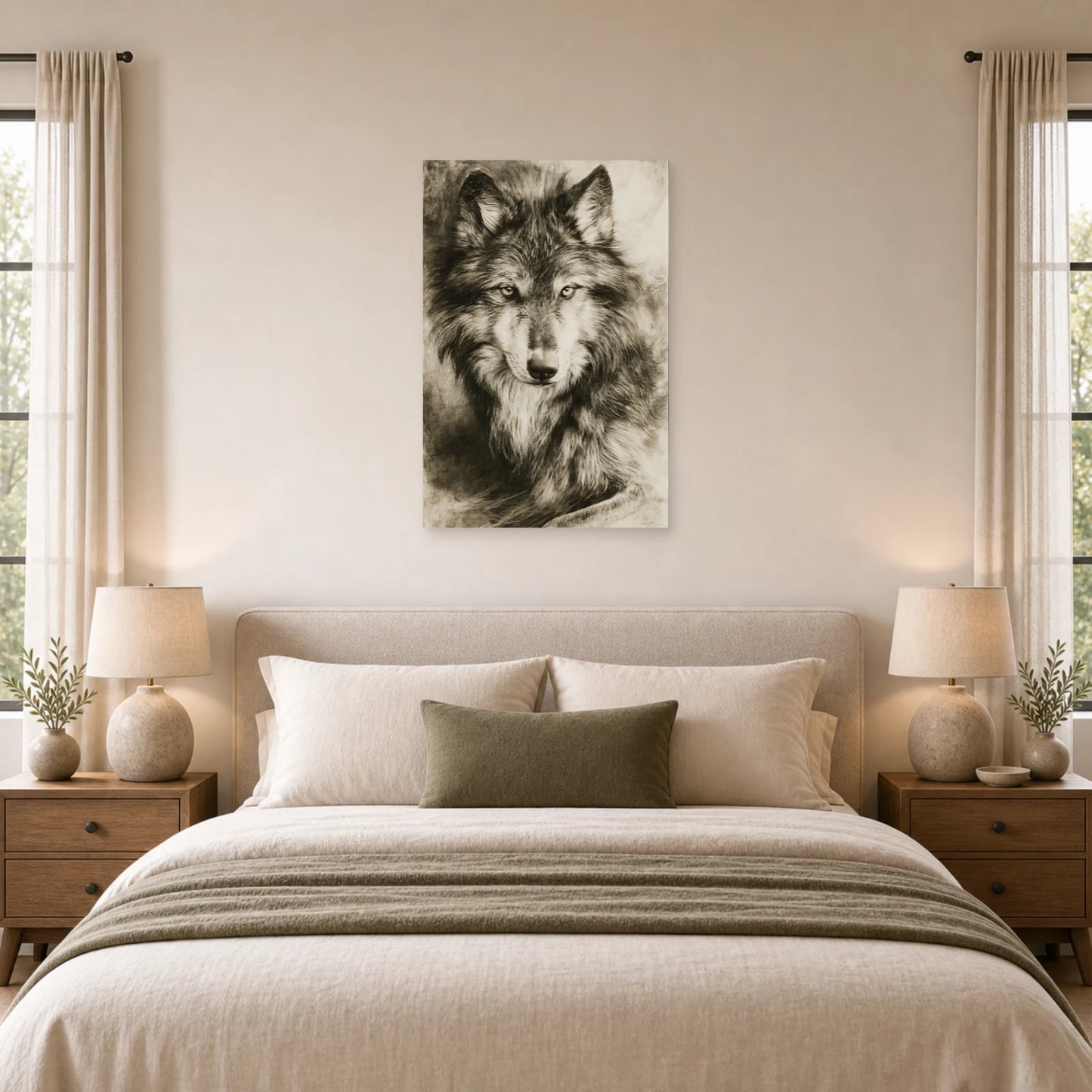 Mockup WebP Tableau Loup Portrait Noir Blanc dans une chambre - Art Virtuoso