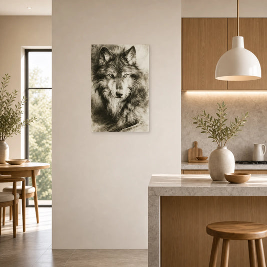 Mockup WebP Tableau Loup Portrait Noir Blanc dans une cuisine - Art Virtuoso