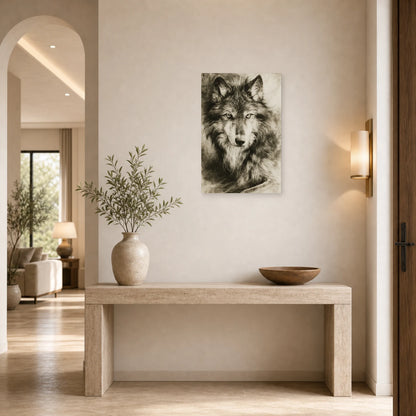 Mockup WebP Tableau Loup Portrait Noir Blanc dans une entree ou un couloir - Art Virtuoso