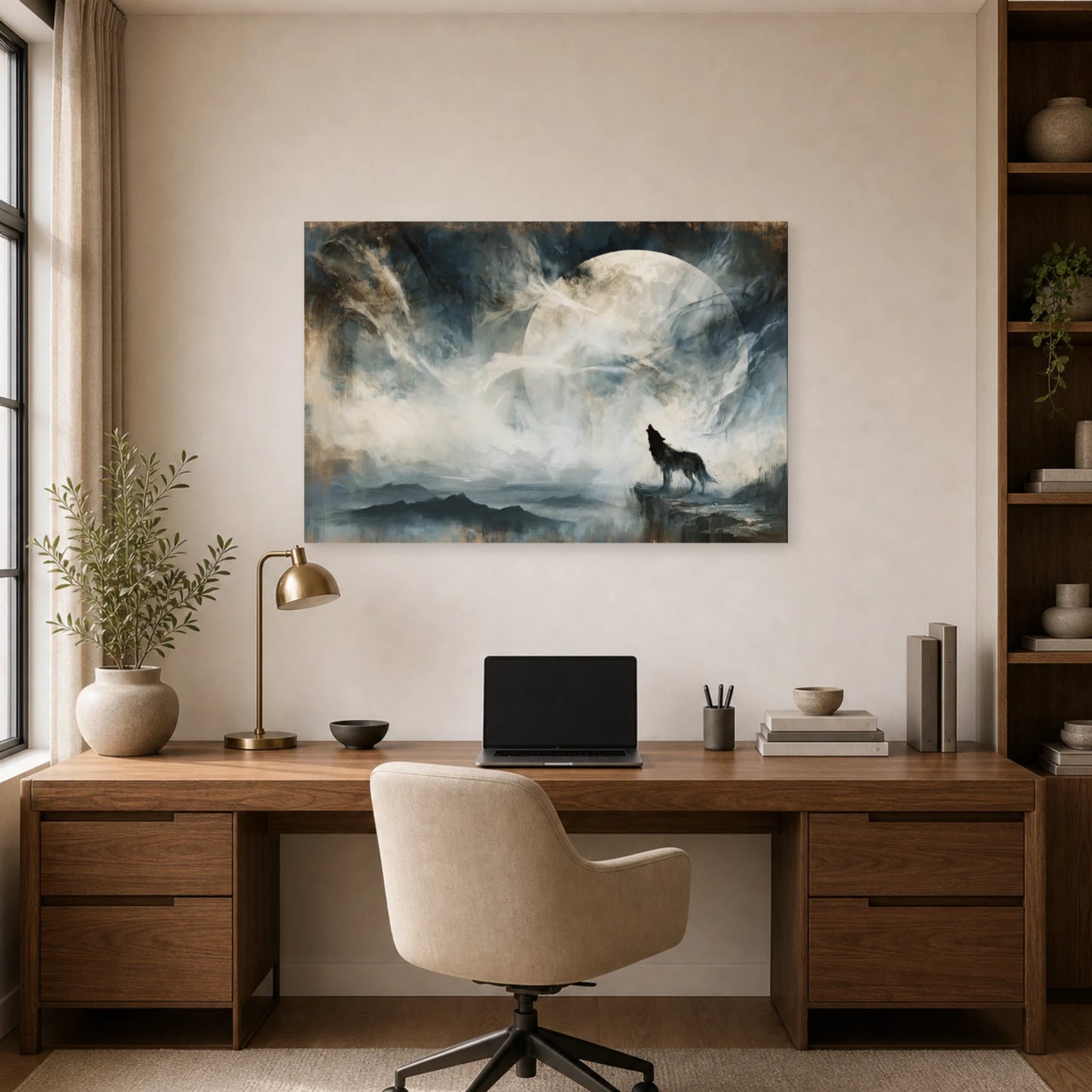 Mockup WebP Tableau Loup Solitaire Pleine Lune dans un bureau - Art Virtuoso
