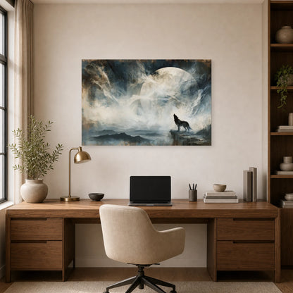 Mockup WebP Tableau Loup Solitaire Pleine Lune dans un bureau - Art Virtuoso