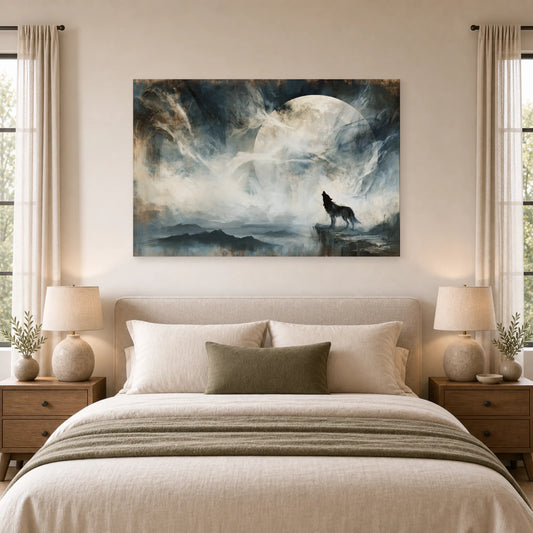 Mockup WebP Tableau Loup Solitaire Pleine Lune dans une chambre - Art Virtuoso