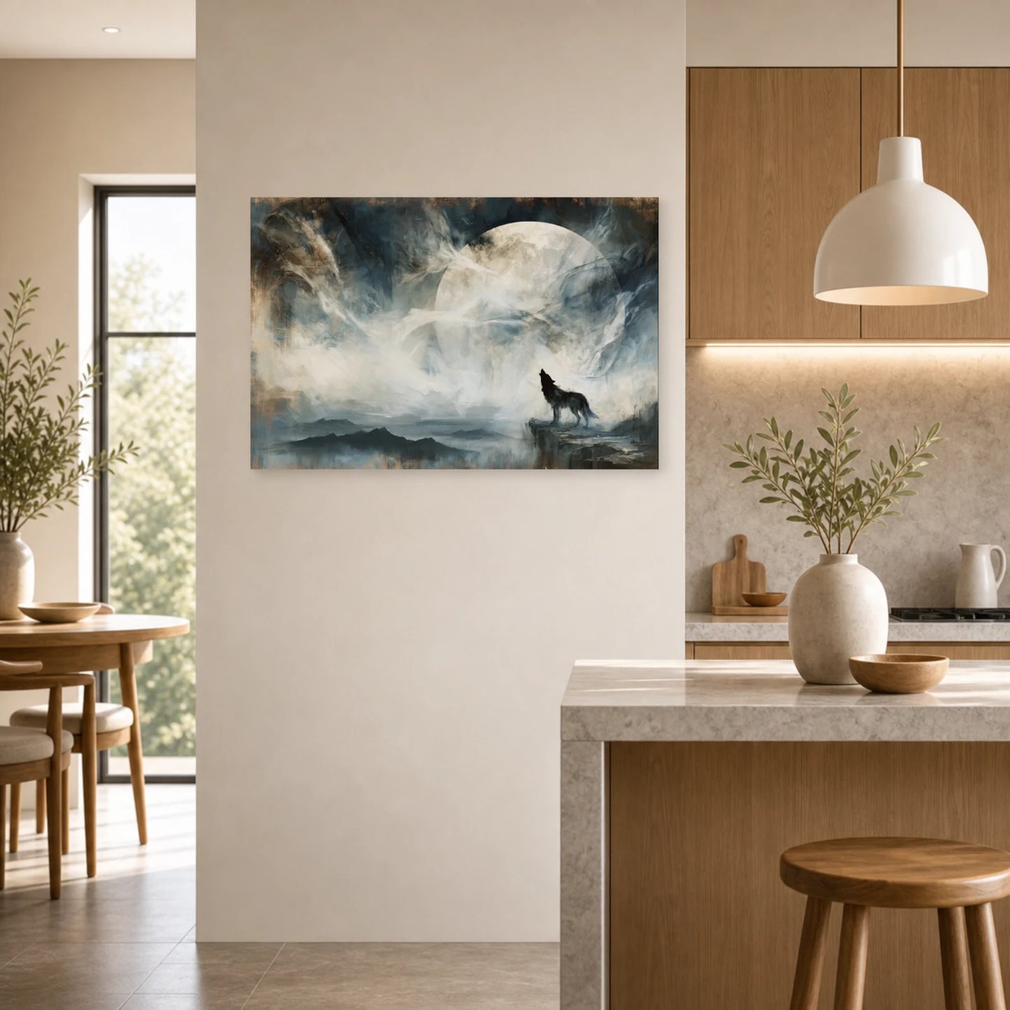 Mockup WebP Tableau Loup Solitaire Pleine Lune dans une cuisine - Art Virtuoso